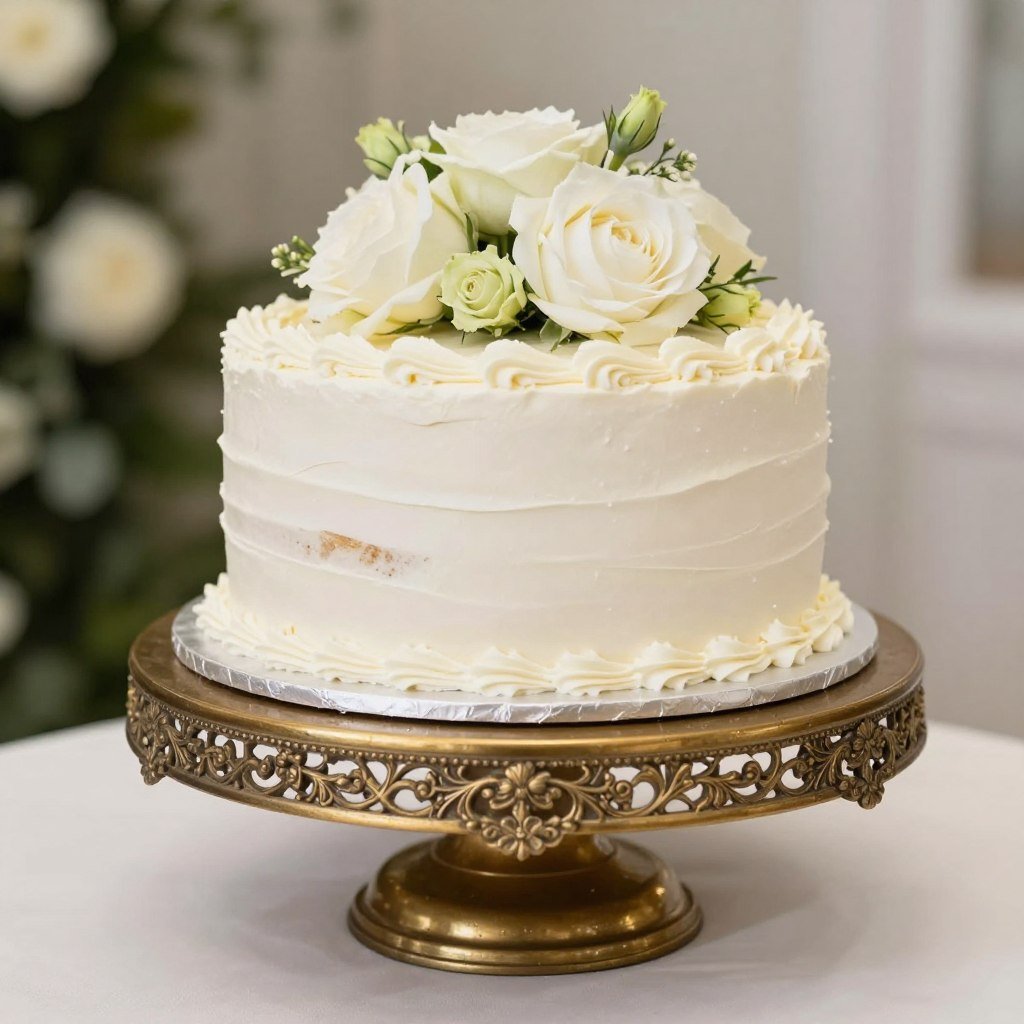 Wedding cake on gold vintage cake stand with flowers