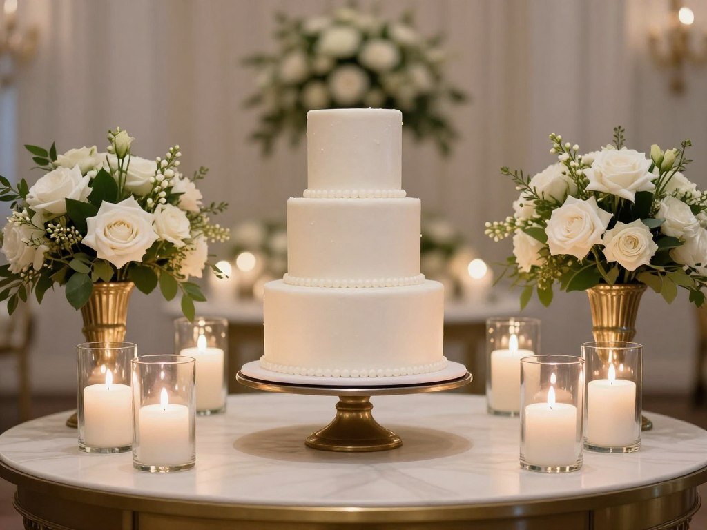Wedding cake table with candles and floral decorations