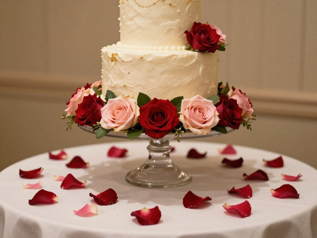 Wedding cake table with floral arrangement base and scattered petals
