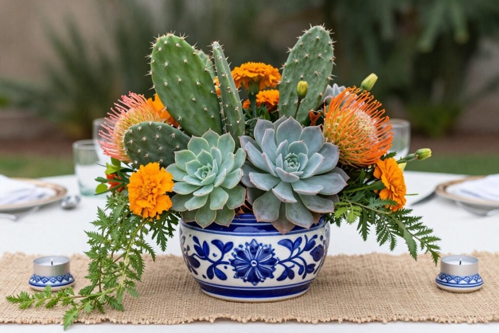 Wedding centerpiece with Talavera container, succulents, and desert flowers Wedding centerpiece with Talavera container, succulents, and desert flowers