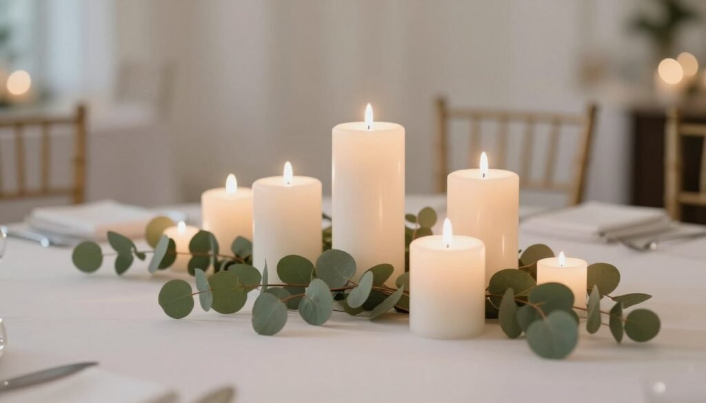 Wedding centerpiece with candles and greenery without flowers