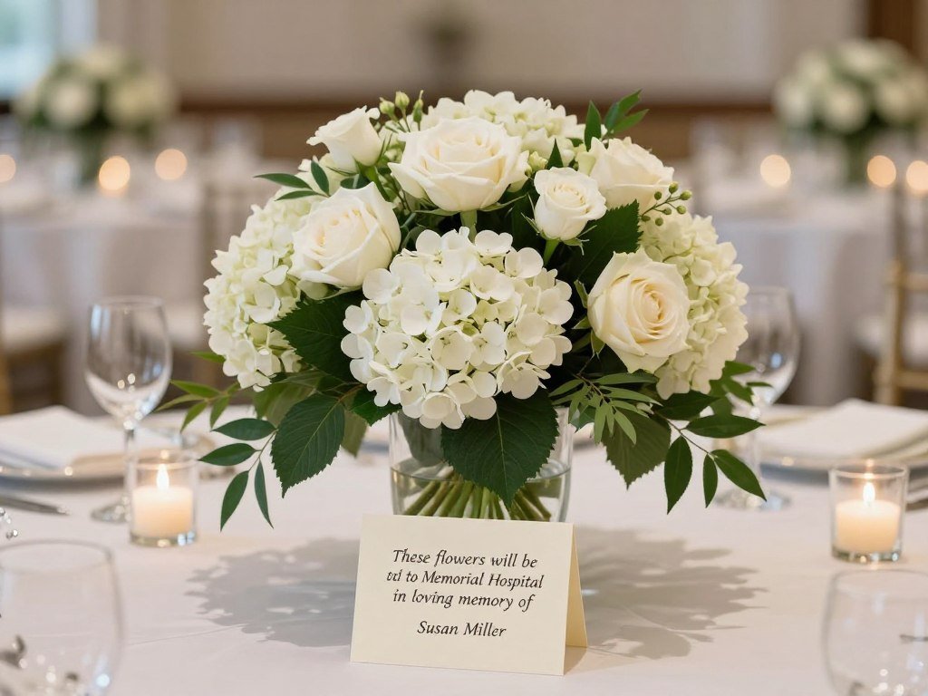 Wedding centerpiece with memorial donation card Wedding centerpiece with memorial donation card