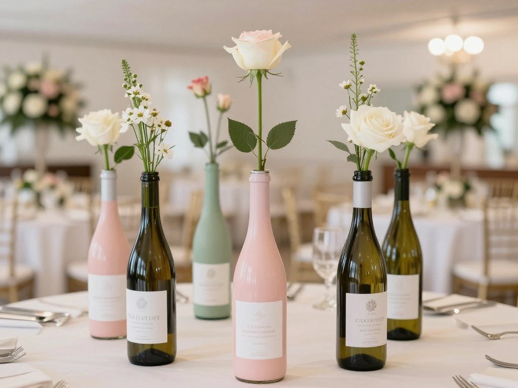 Wedding centerpieces made from painted wine bottles with single stems Wedding centerpieces made from painted wine bottles with single stems