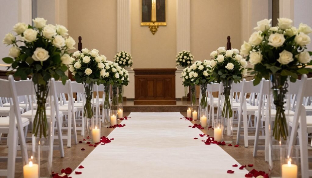 Wedding ceremony aisle decorated with flowers and candles