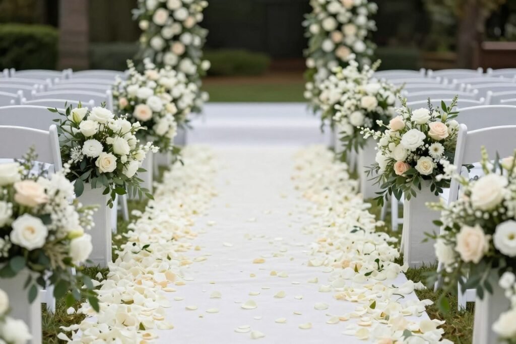 Wedding ceremony aisle with lush floral arrangements marking each row, white petals scattered down the center Wedding ceremony aisle with lush floral arrangements marking each row, white petals scattered down the center