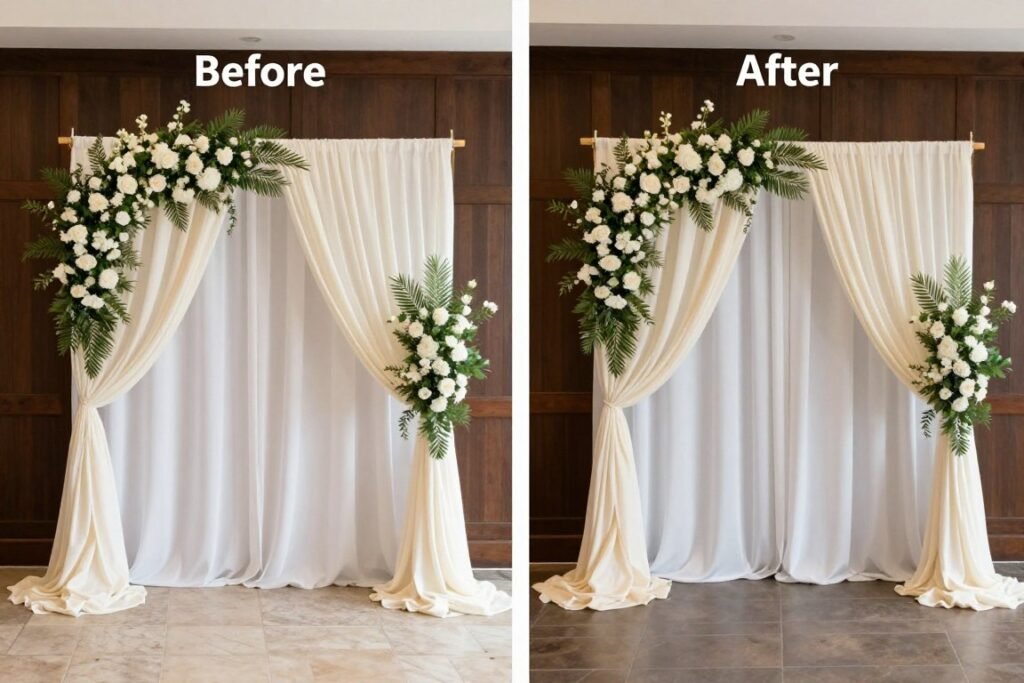 Wedding ceremony arch being repurposed as a reception photo backdrop