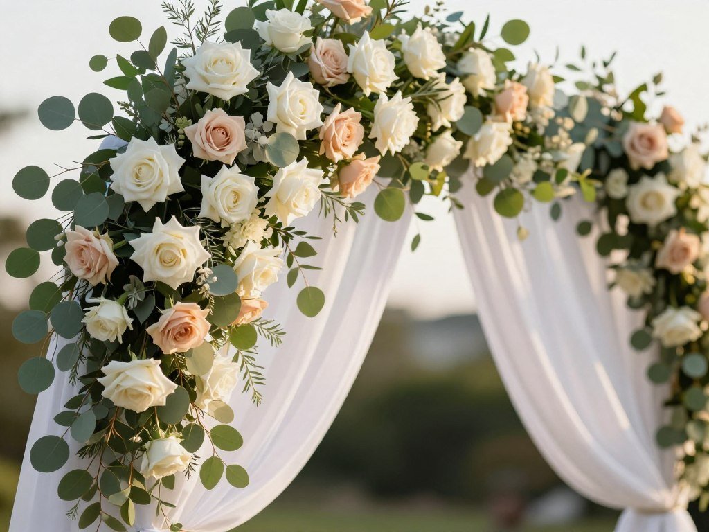 Wedding ceremony arch decorated with flowers and fabric