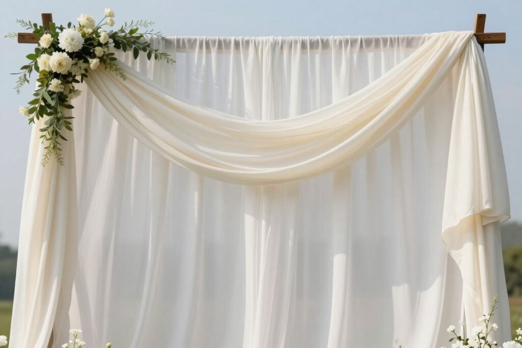 Wedding ceremony backdrop with flowing white fabric draping