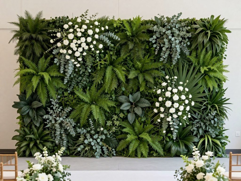 Wedding ceremony backdrop with greenery wall and floral arrangements