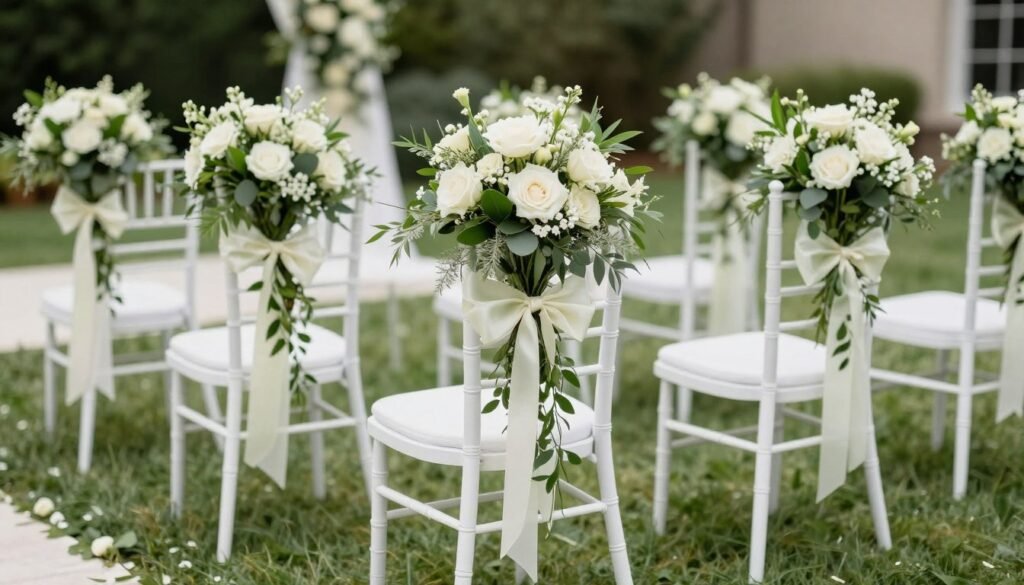 Wedding ceremony chairs decorated with floral arrangements and fabric
