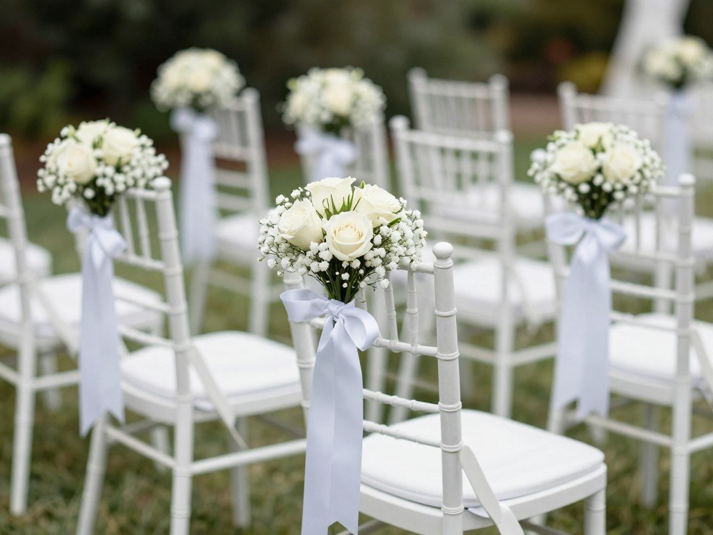 Wedding ceremony chairs decorated with floral arrangements