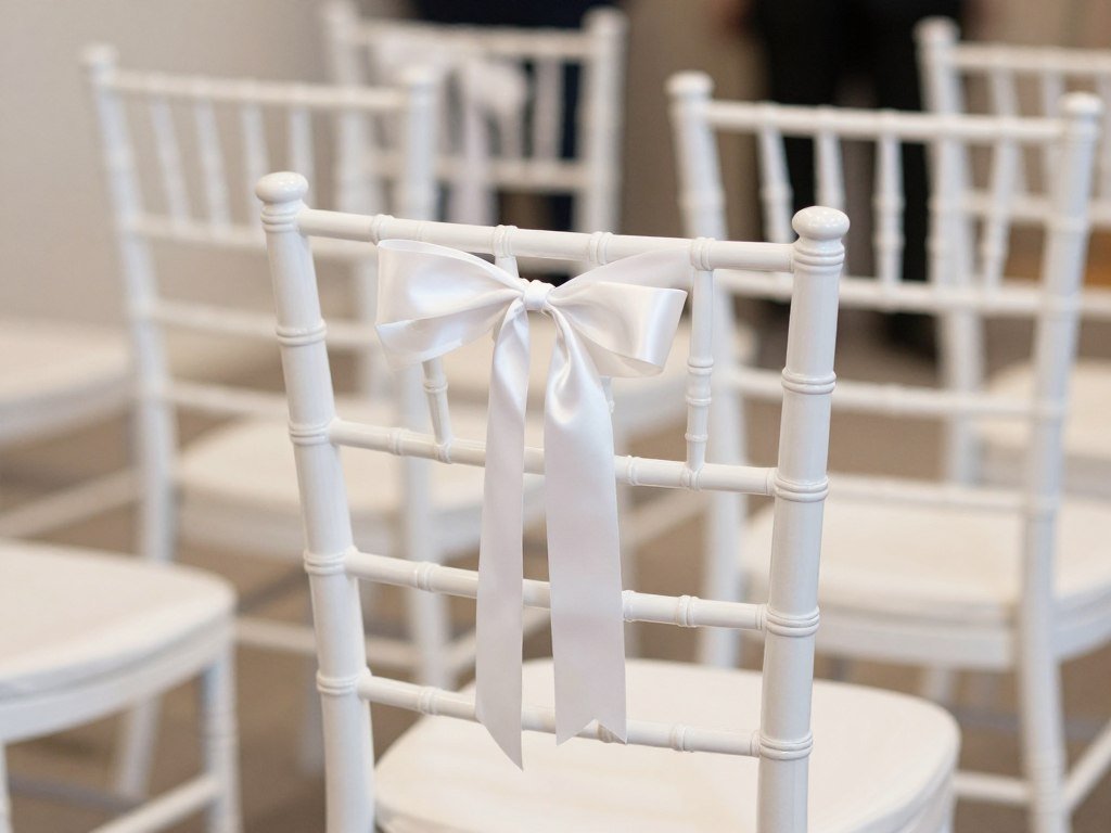 Wedding ceremony chairs decorated with simple white ribbons Wedding ceremony chairs decorated with simple white ribbons
