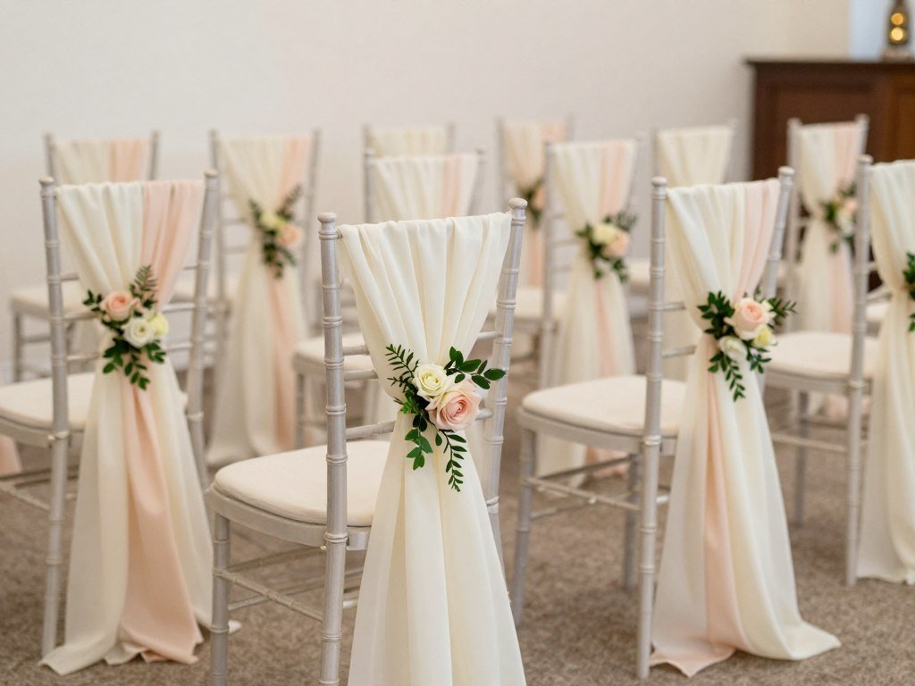 Wedding ceremony chairs with flowing fabric ties and small floral accents Wedding ceremony chairs with flowing fabric ties and small floral accents