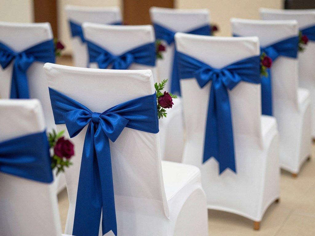 Wedding ceremony chairs with sapphire blue sashes and small floral accents Wedding ceremony chairs with sapphire blue sashes and small floral accents