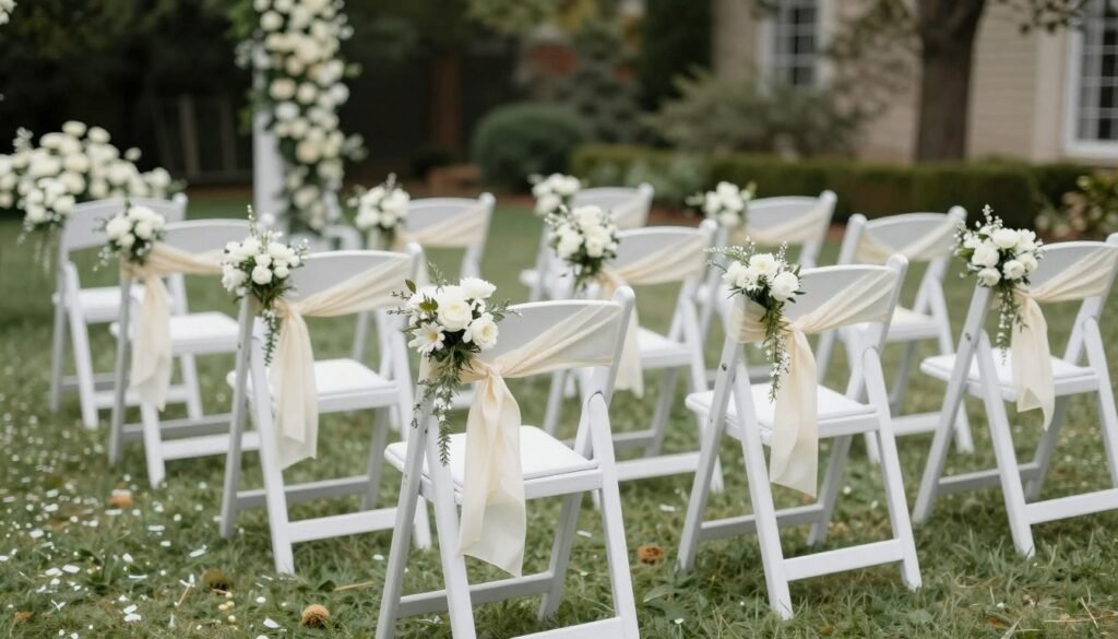 Wedding ceremony seating with decorated chairs and flower arrangements