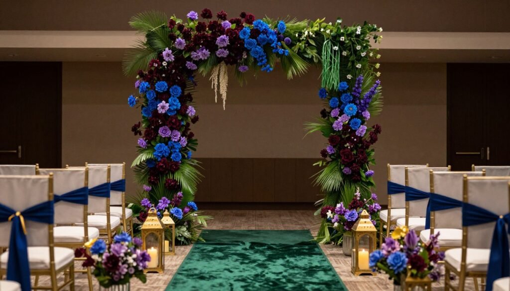 Wedding ceremony setup with jewel tone floral arch, aisle decorations, and elegant seating Wedding ceremony setup with jewel tone floral arch, aisle decorations, and elegant seating