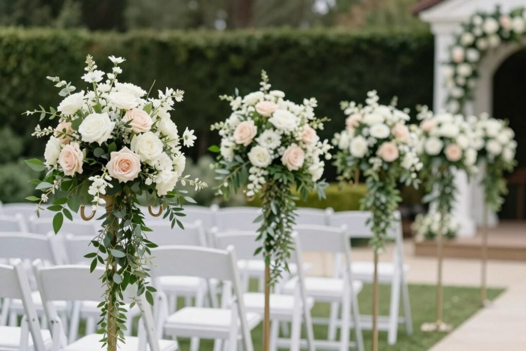 Wedding ceremony with elegant floral aisle markers on shepherd's hooks