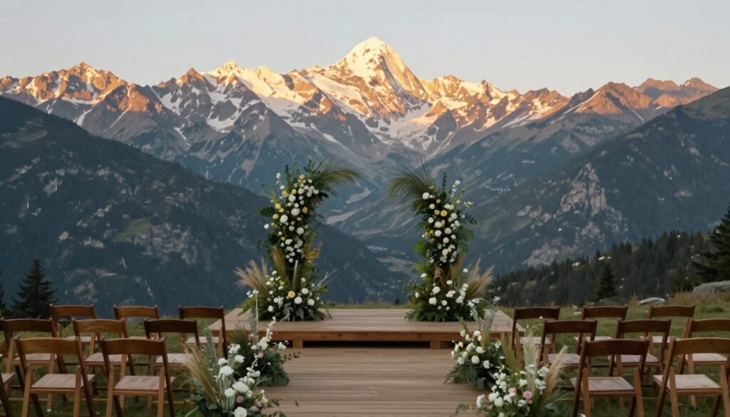 Wedding ceremony with mountain landscape as natural backdrop