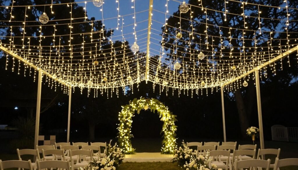Wedding ceremony with overhead canopy of string lights