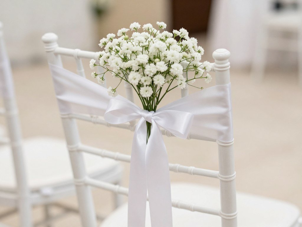Wedding chair decorated with baby's breath and white ribbon