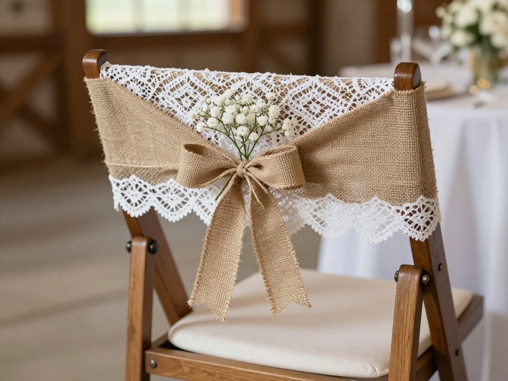 Wedding chair with burlap and lace wrap in rustic style