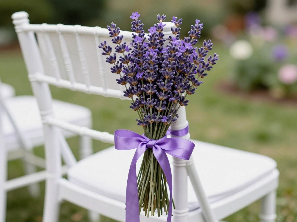 Wedding chair with lavender bunch tied with purple ribbon