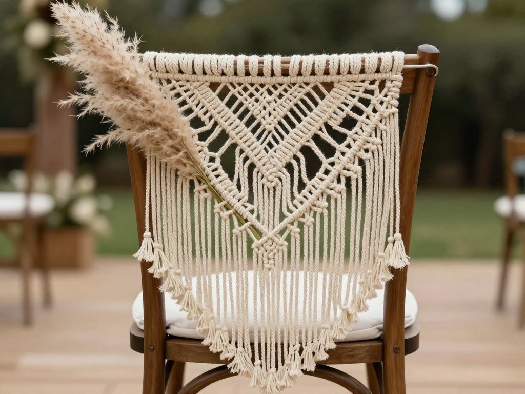 Wedding chair with macramé decoration and pampas grass