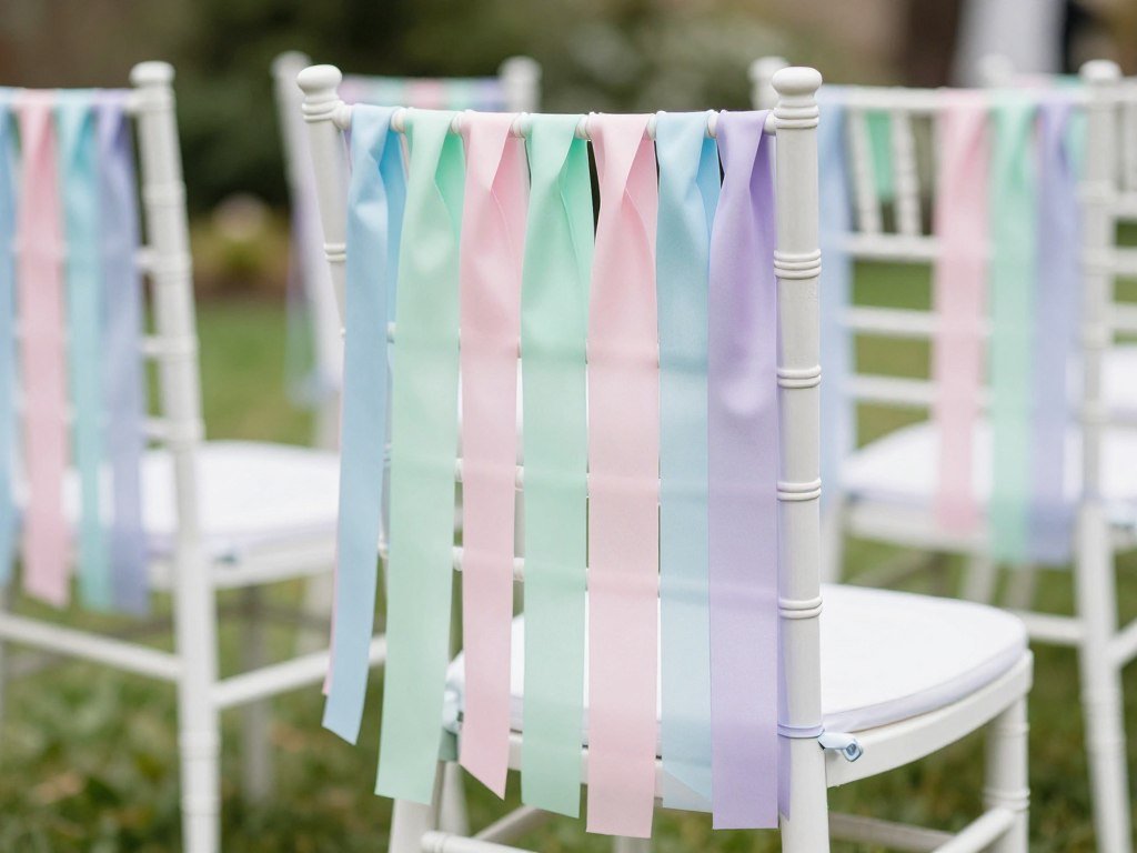 Wedding chair with multiple colorful ribbon streamers