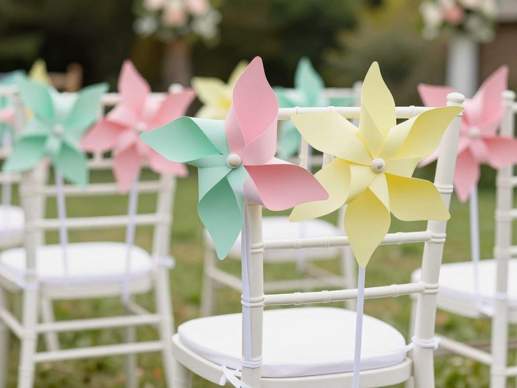Wedding chair with paper pinwheels in pastel colors