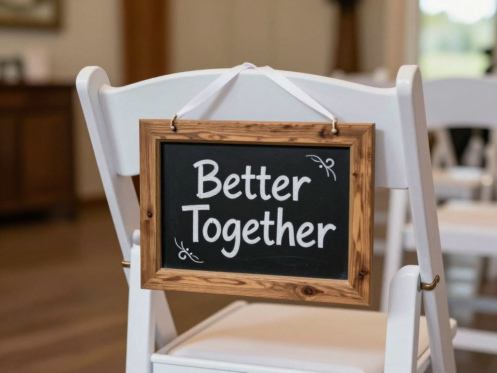 Wedding chair with small chalkboard sign saying 'Better Together'