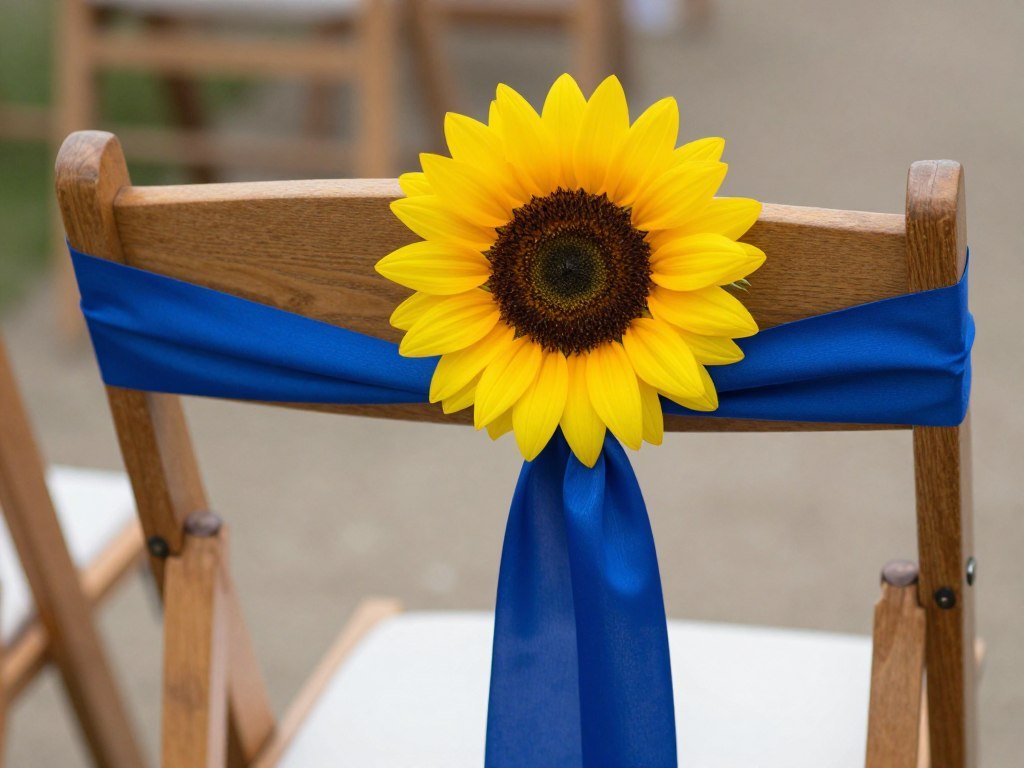 Wedding chair with sunflower and blue ribbon decoration