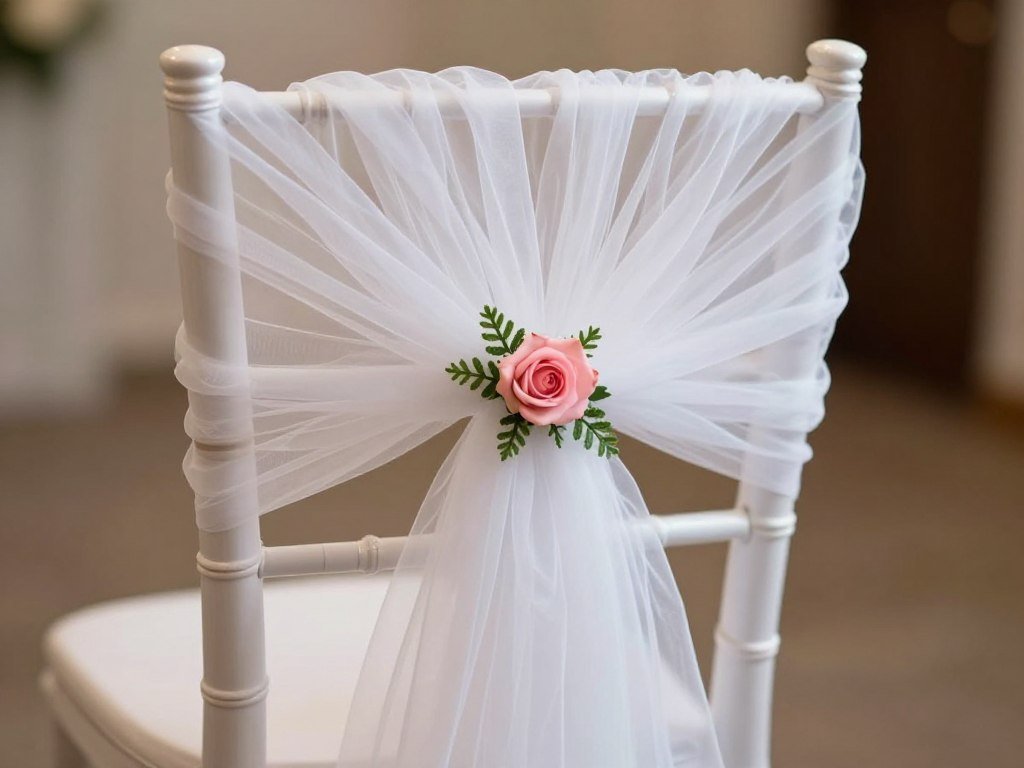 Wedding chair with tulle wrap and floral accent