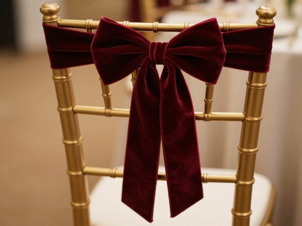 Wedding chair with velvet ribbon in deep burgundy