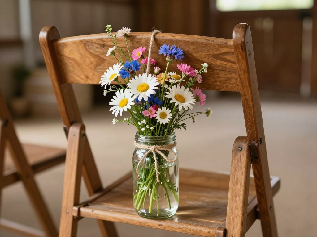Wedding chair with wildflower bouquet in mason jar