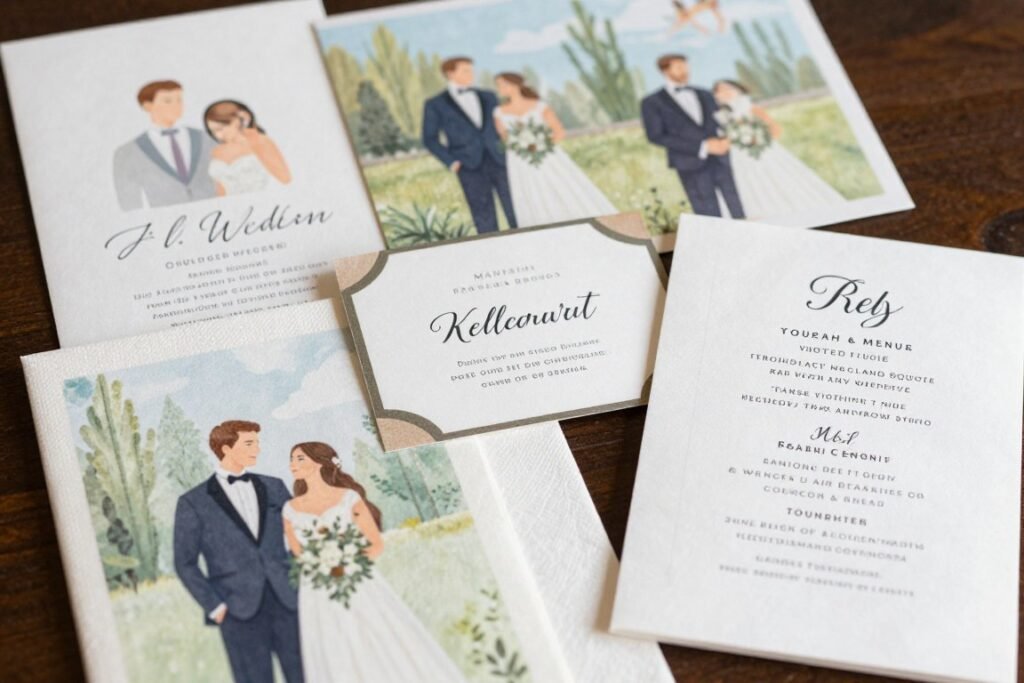 Wedding cocktail napkins and menus featuring custom illustrations of the couple and venue