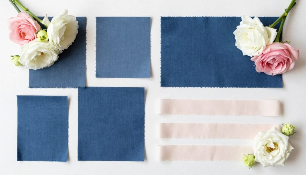 Wedding color palette board showing blue bridesmaid dress with coordinating flowers and decor