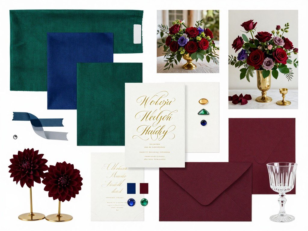 Wedding color palette board showing jewel tone combinations with fabric swatches, flower samples, and decor elements Wedding color palette board showing jewel tone combinations with fabric swatches, flower samples, and decor elements