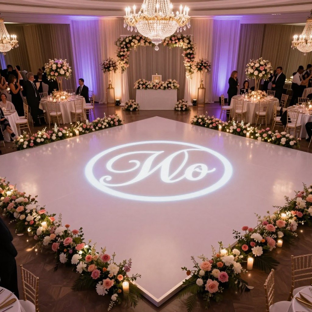 Wedding dance floor with custom monogram and surrounding floral decorations