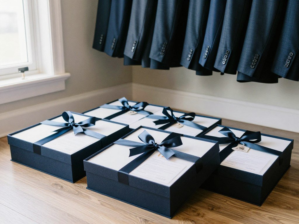 Wedding day groomsmen gift box in getting ready room