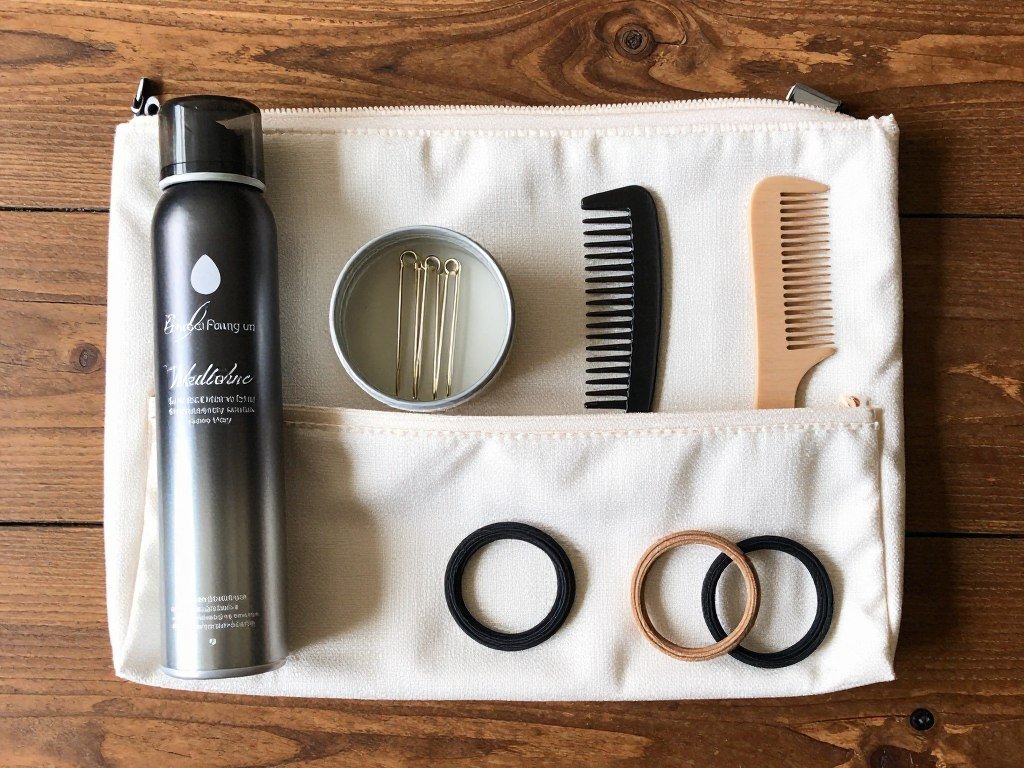 Wedding day hair emergency kit with bobby pins hairspray and styling tools