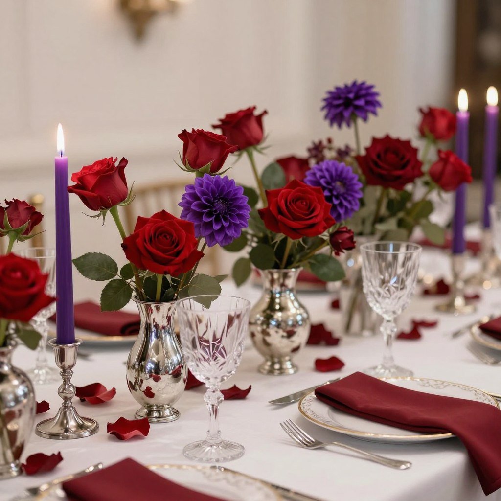Wedding decor featuring ruby red and amethyst purple with silver accents Wedding decor featuring ruby red and amethyst purple with silver accents