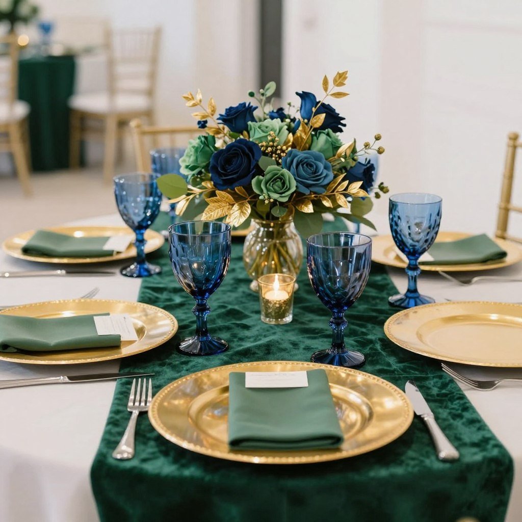 Wedding decor in emerald green and sapphire blue with gold accents Wedding decor in emerald green and sapphire blue with gold accents