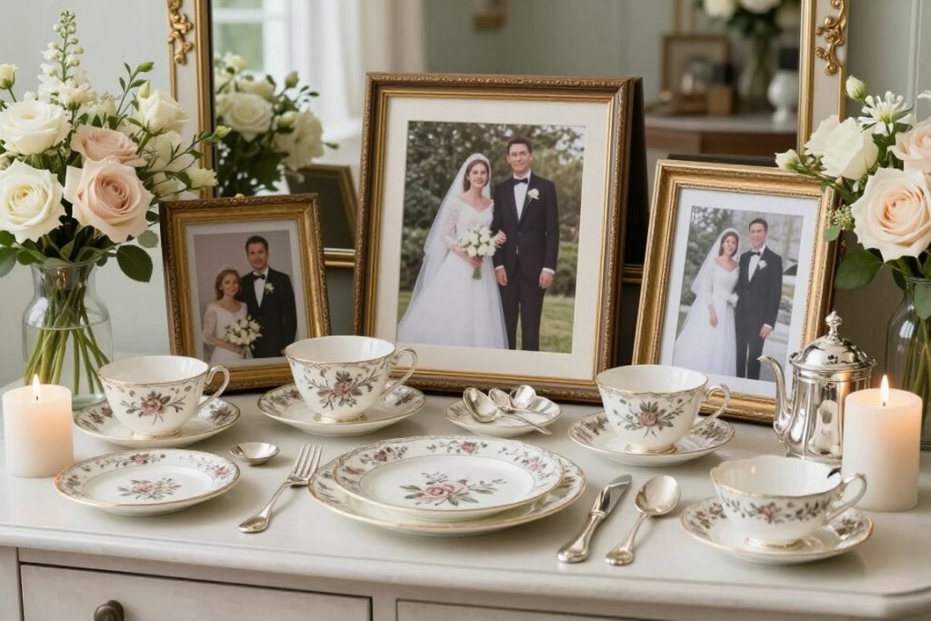 Wedding decor incorporating family heirlooms and photographs Wedding decor incorporating family heirlooms and photographs