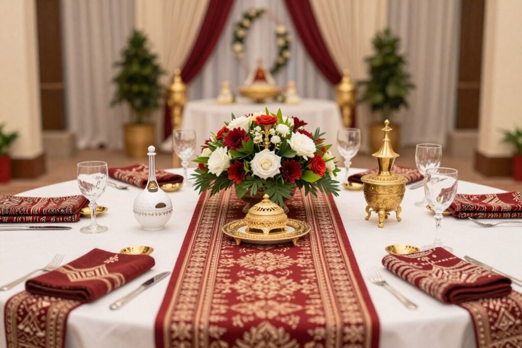 Wedding decor incorporating traditional textiles and cultural elements from the couple's heritage