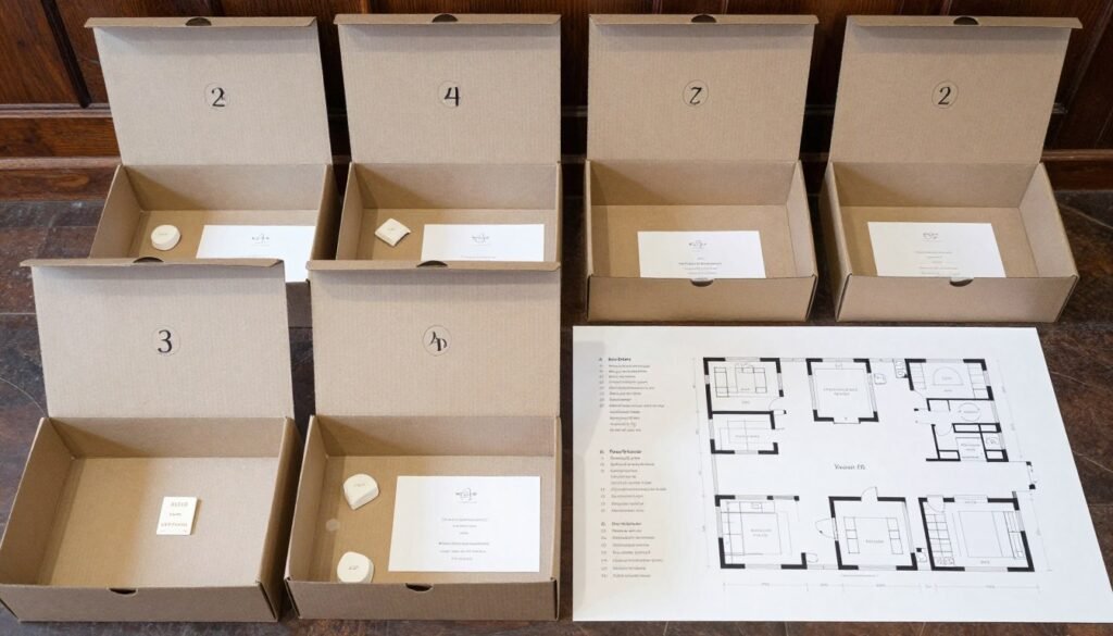 Wedding decoration items organized in labeled boxes with setup instructions and floor plan