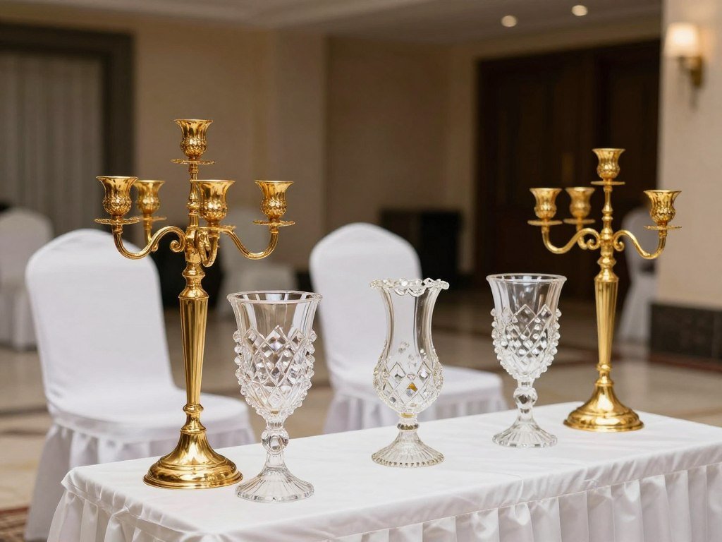 Wedding decoration rental items including candelabras, vases, and chair covers