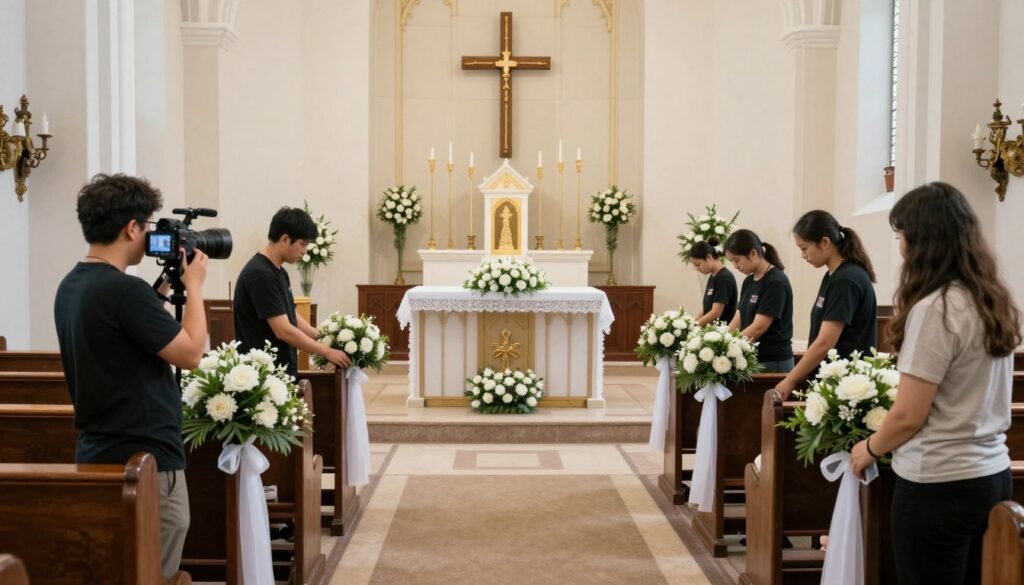 Wedding decoration setup in progress at a church