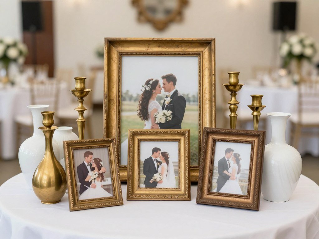 Wedding decorations created from thrifted items like frames and candle holders Wedding decorations created from thrifted items like frames and candle holders