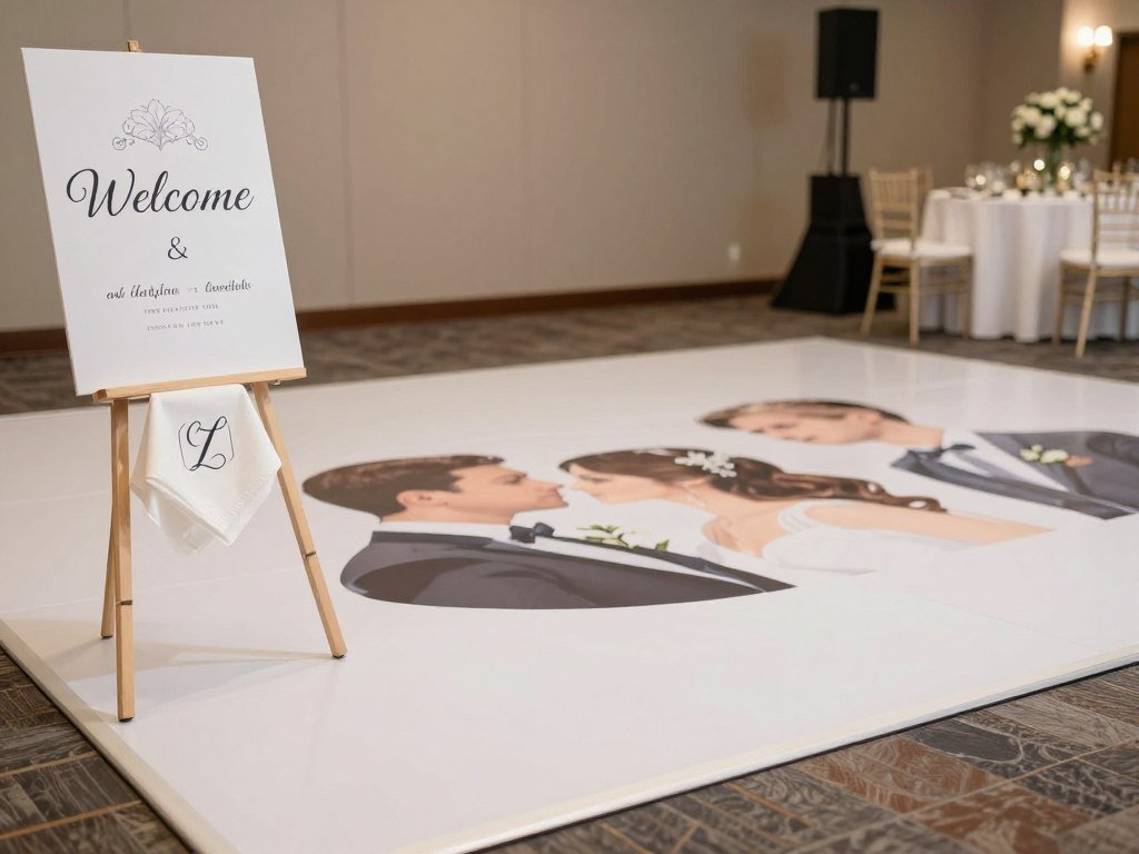Wedding decorations featuring monogrammed items including napkins, signage, and dance floor decal