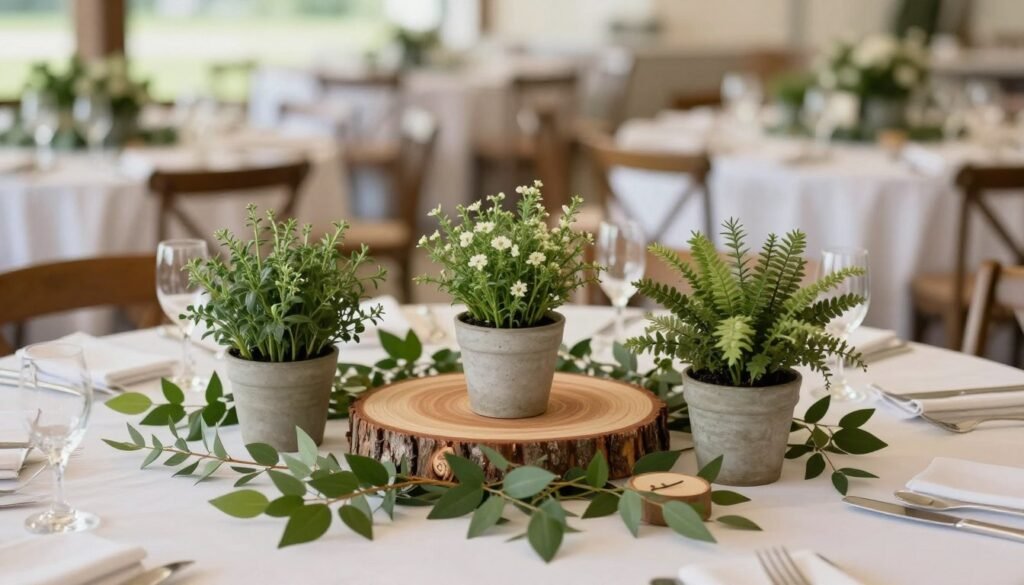 Wedding decorations featuring natural elements like wood slices and greenery Wedding decorations featuring natural elements like wood slices and greenery